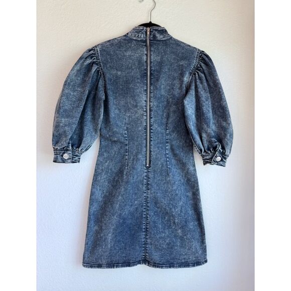 GANNI 90's Acid Wash Stretch Denim Puff Sleeve Mock Neck Cult Mini Dress Size 36 - Picture 7 of 16